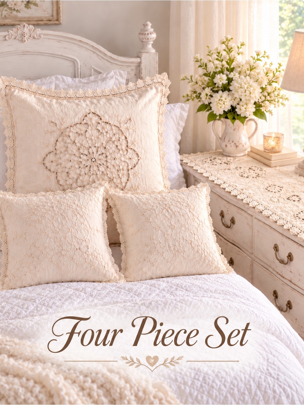 4 Pc Cottagecore Battenburg Lace 3 Pillow & Runner Set Cream Cotton Floral